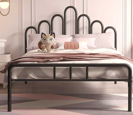 European Style Metal Bed Frame with Decorative Headboard Thickened Steel Frame and Noise Reducing Design